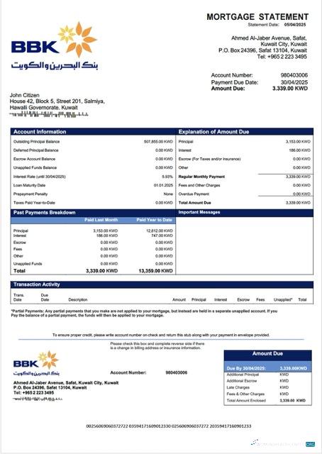 Download Kuwait Bank of Bahrain and Kuwait mortgage statement Word and PDF template Photoshop template